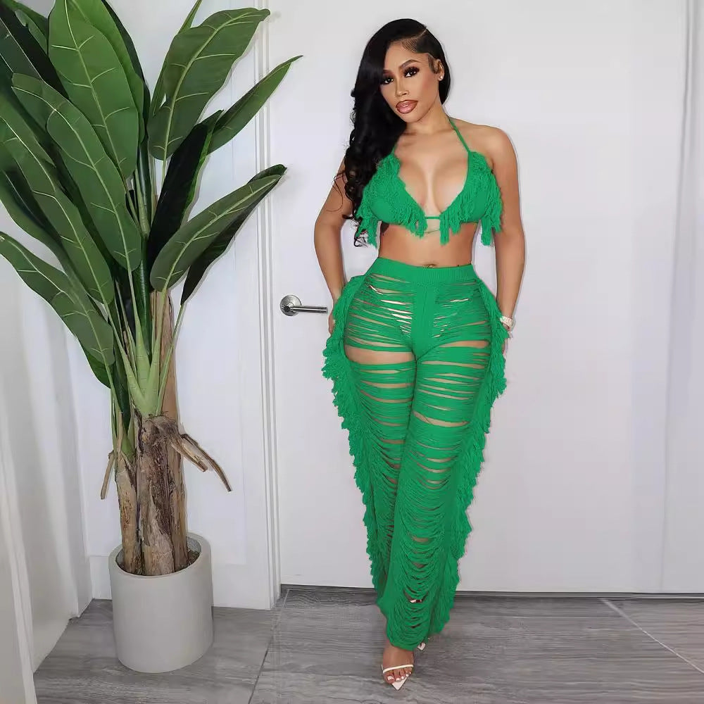 Source factory  summer new european and american style sexy tassel knit pant set