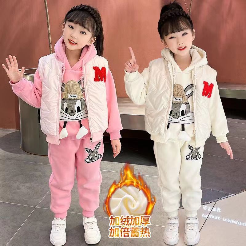 Girls' three-piece set: new  autumn/winter outfit - vest, kids' sweatshirt, fleece-lined, thickened, mid-to-large size, chanel-inspired style
