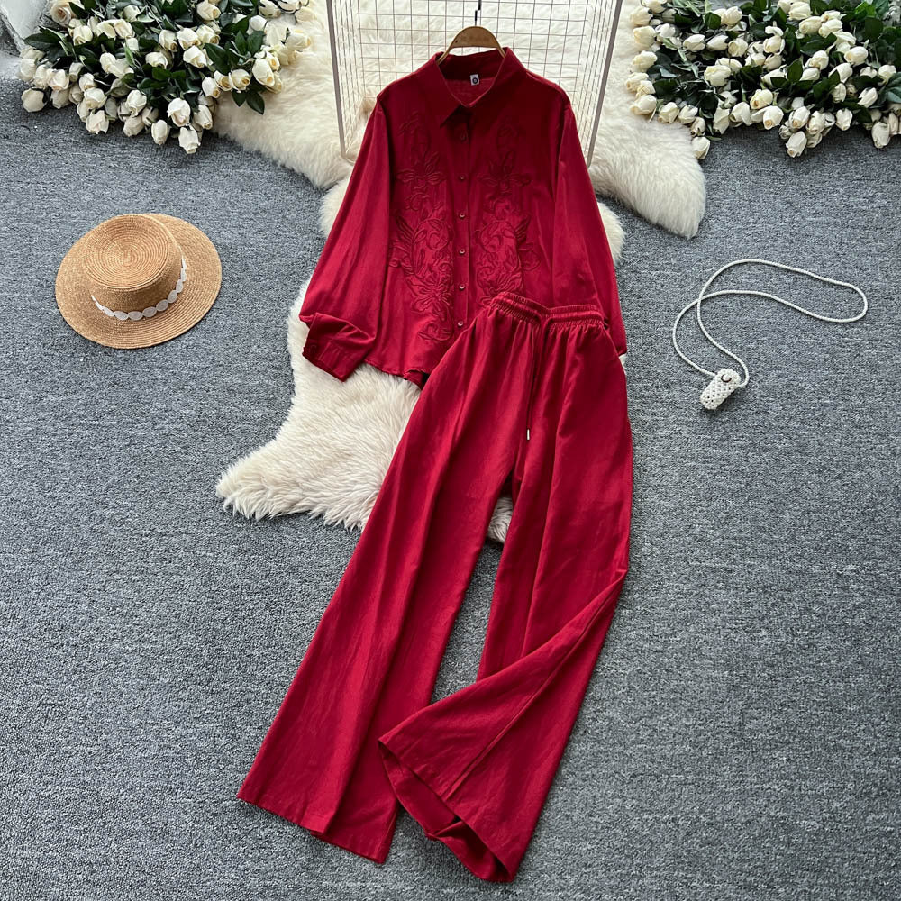 Lazy style casualfashion heavy industry embroiderlooselong sleevesshirt women's high waistslimming lookloose pantsautumsuit