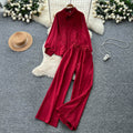 Lazy style casualfashion heavy industry embroiderlooselong sleevesshirt women's high waistslimming lookloose pantsautumsuit