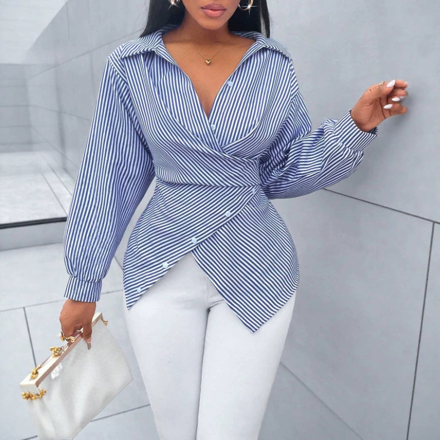 European and american cross-border  hot-selling new spring/summer fashionable sexy versatile striped long-sleeved women's shirt