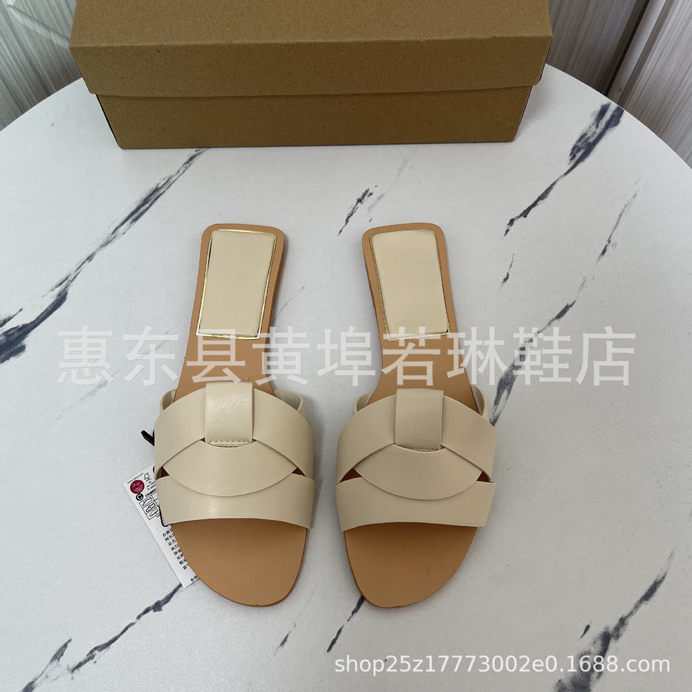 Za 2023 spring new women's square toe criss-cross flat sandals - minimalist, versatile, outdoor slides for women