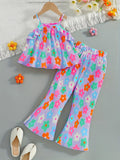 Girls' summer cami set with flared pants - dopamine floral print, ruffle collar, korean style two-piece outfit