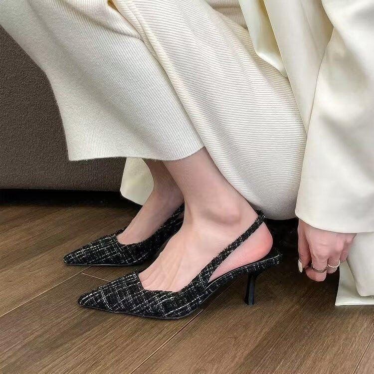 Classy small fragrant style high heels stiletto pointed toe sandals for women 202summernew arrival back empty toe cap plus sizeflats