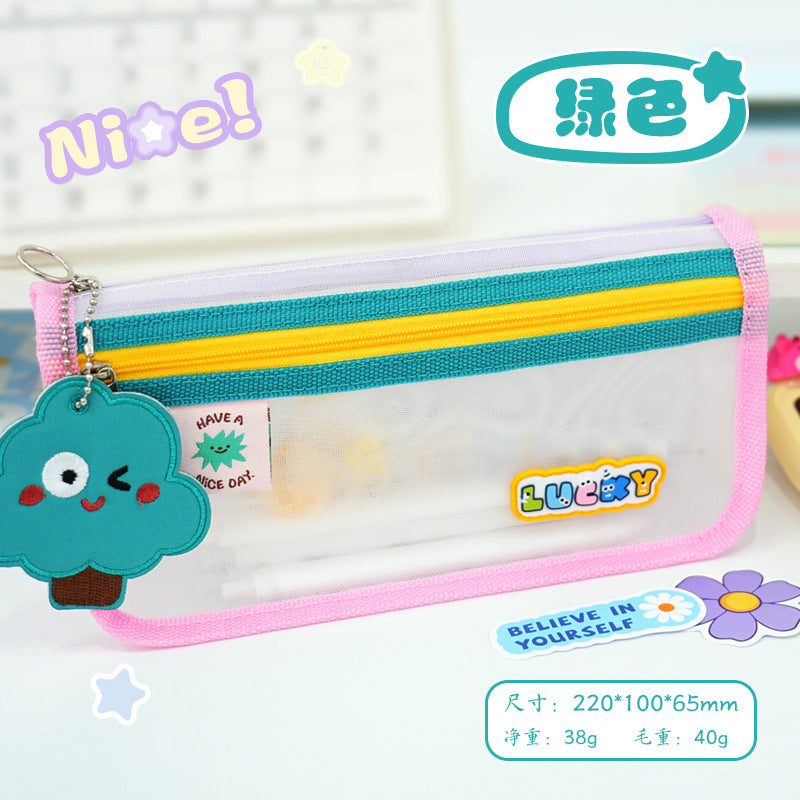 New cute fun contrasting color transparent stationery bag large capacity pencil bag high value simple primary and secondary school student stationery mesh bag
