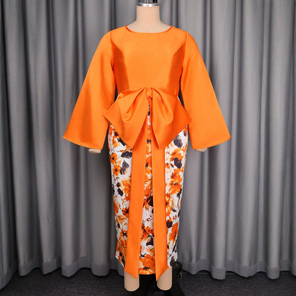 Evening elegance formal dress - printed patchwork flared sleeve cinched waist tie-up bow slim fit dress