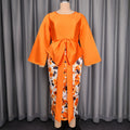 Evening elegance formal dress - printed patchwork flared sleeve cinched waist tie-up bow slim fit dress