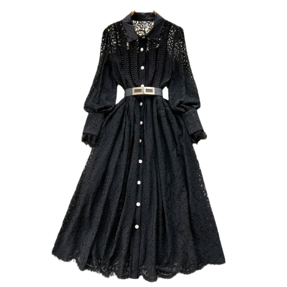 Spring autumnew arrival lapel heavy industry hook flower cut outfrenchlacedress female sexy large swing over the knee long skirt