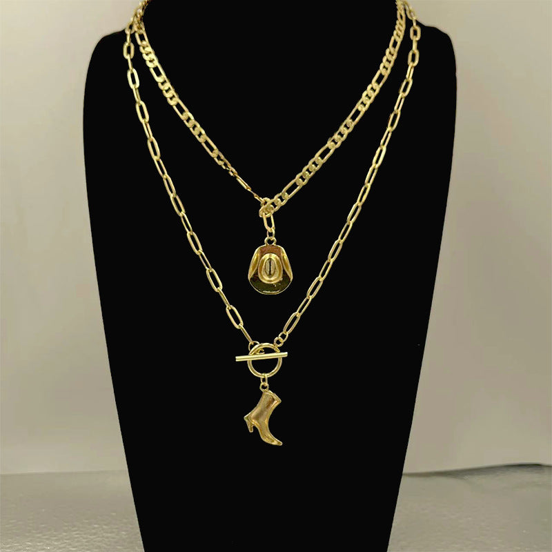 European and american cross-border simple western cowboy hat necklace niche retro trendy cowboy boots pendant versatile clavicle chain