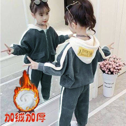 Girls' corduroy outfit set - autumn/winter  new collection - fleece-lined, thickened, stylish two-piece set for mid-to-large children