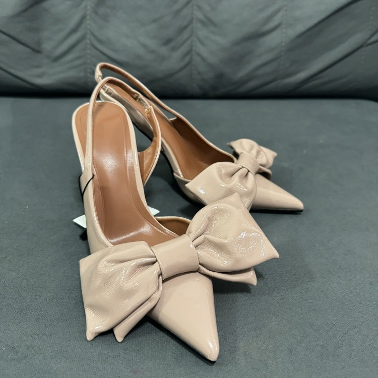Z's patent leather stiletto sandals for women 2024 spring and summer baotou bows back strap pink high heels flats