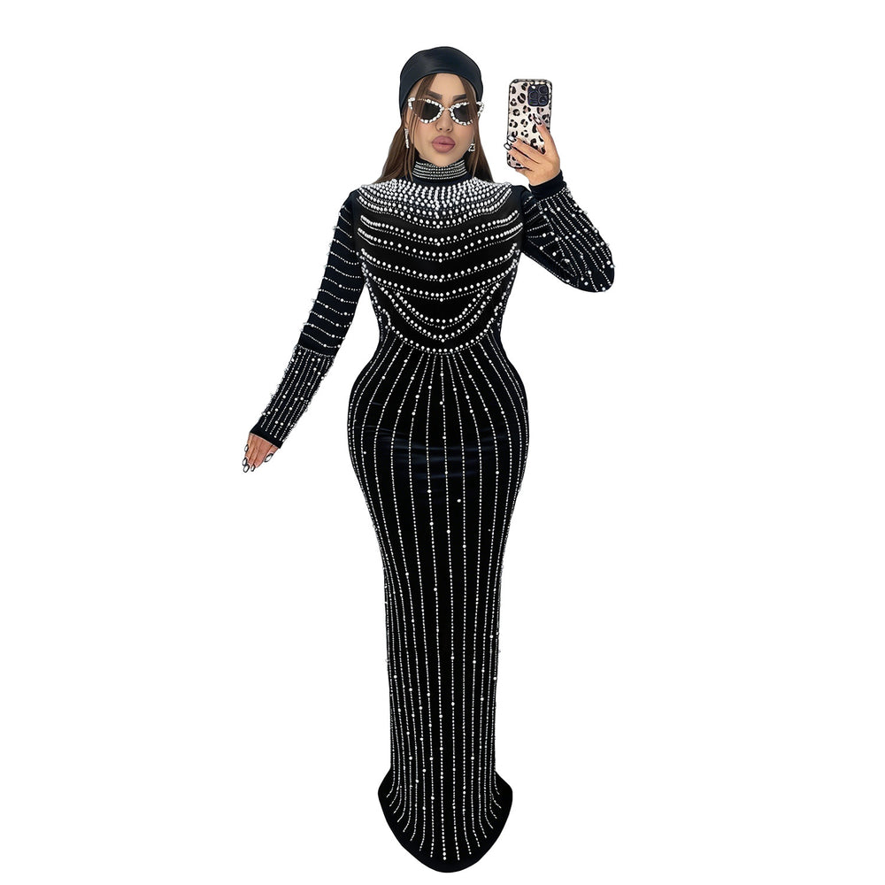 C7617 cross-border   fashion women's elegant velvet rhinestone long sleeve dress
