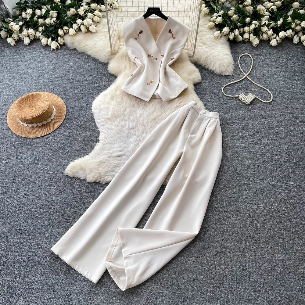 Light mature style vest high waist casualloose pants two-piece set women's summerclassy sense silmslimming look skirt suit