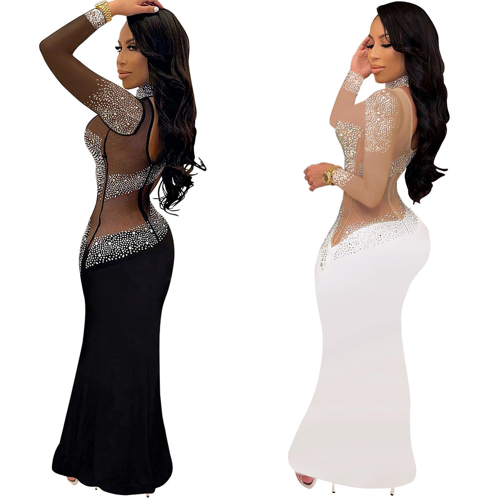 C7025 cross-border   independent station fashionfashion women's new hot diamond round neck dress length