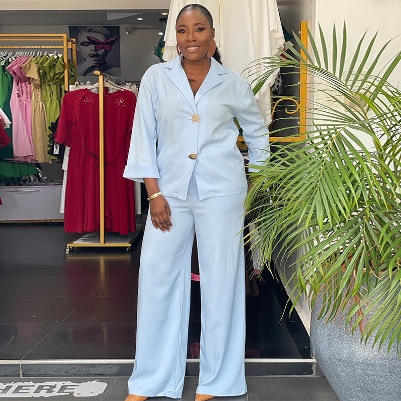 European and american cross-border women's clothing  summer new arrivals: african-style plus size turn-down collar loose shirt and wide-leg pants casual set