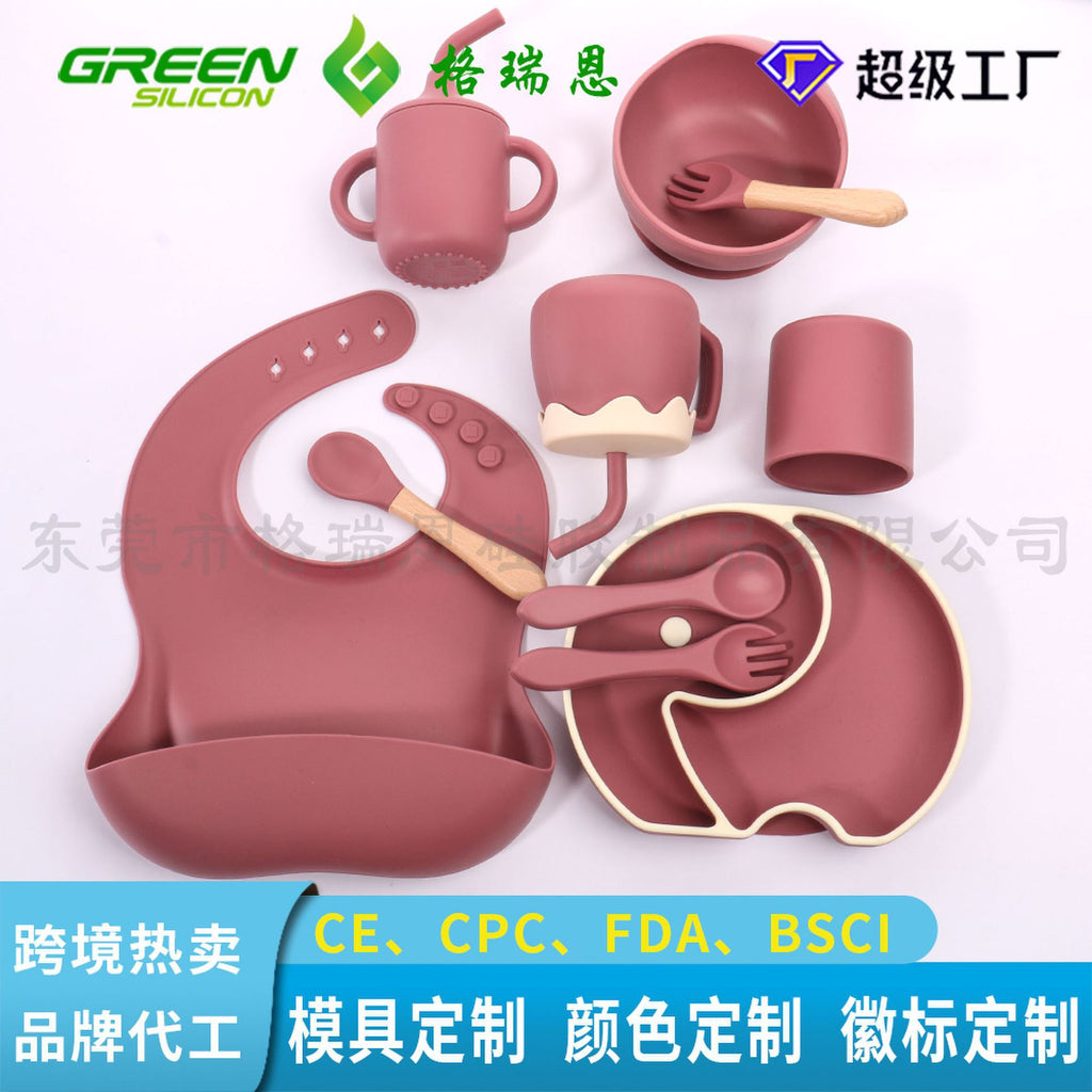 Cross-border baby silicone grid plate two-color plate with lid children's gift silicon feeding tableware set