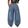 European and american style washed denim elastic waist pleated wide leg jeans - casual, versatile, high-waisted, lantern pants, plus size, loose fit, streetwear