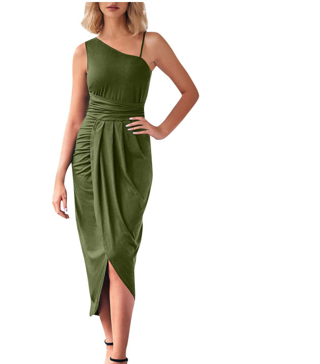 fashion style  women's long skirt new arrivalasymmetrical oblique shoulder silmdress for women