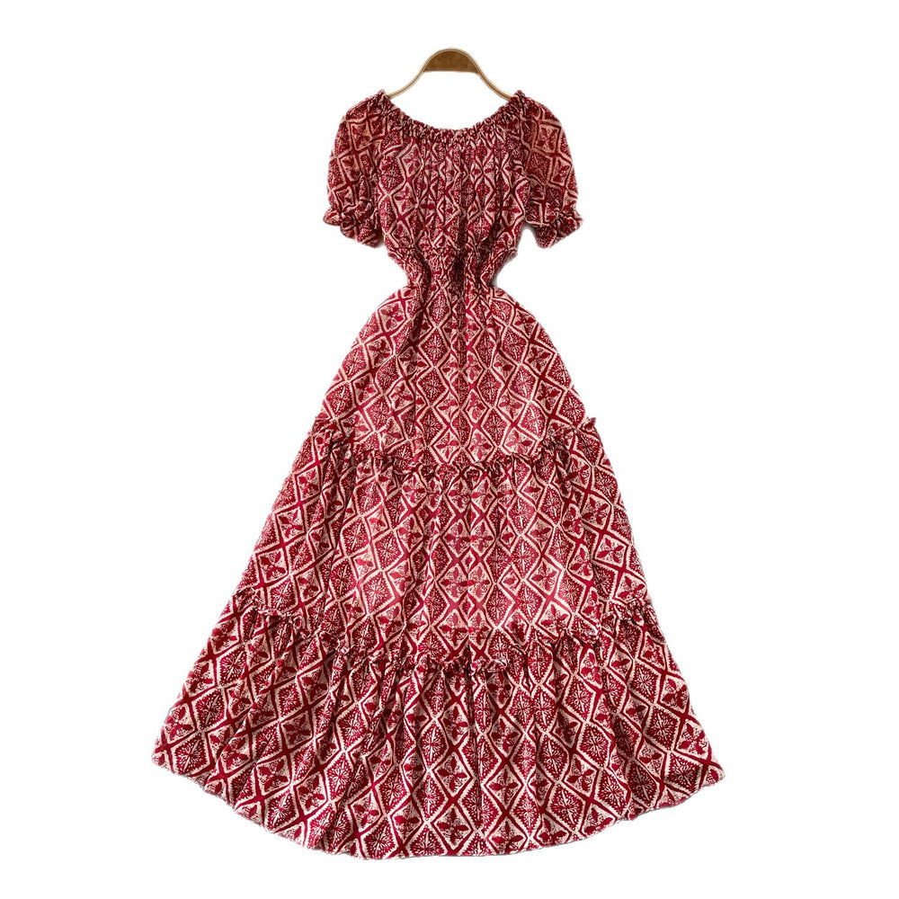 French chic red floral print dress - women's summer korean style ruffle hem a-line maxi dress - slimming and elegant