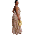European and american cross-border women's fashion:  summer new arrival - elegant v-neck printed backless ruffle hem long halter dress