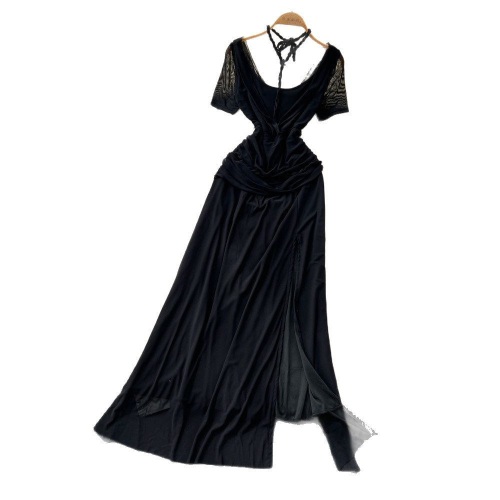 French chic v-neck short sleeve dress - summer slimming, figure-flattering, office-ready mesh maxi dress