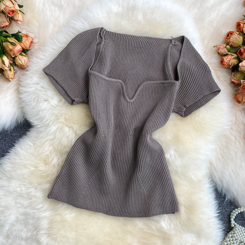 Summer hot girl style short t-shirt short sleeve sense of designniche style square neck heart exposed collarbone exposed navel knitting shirttops women