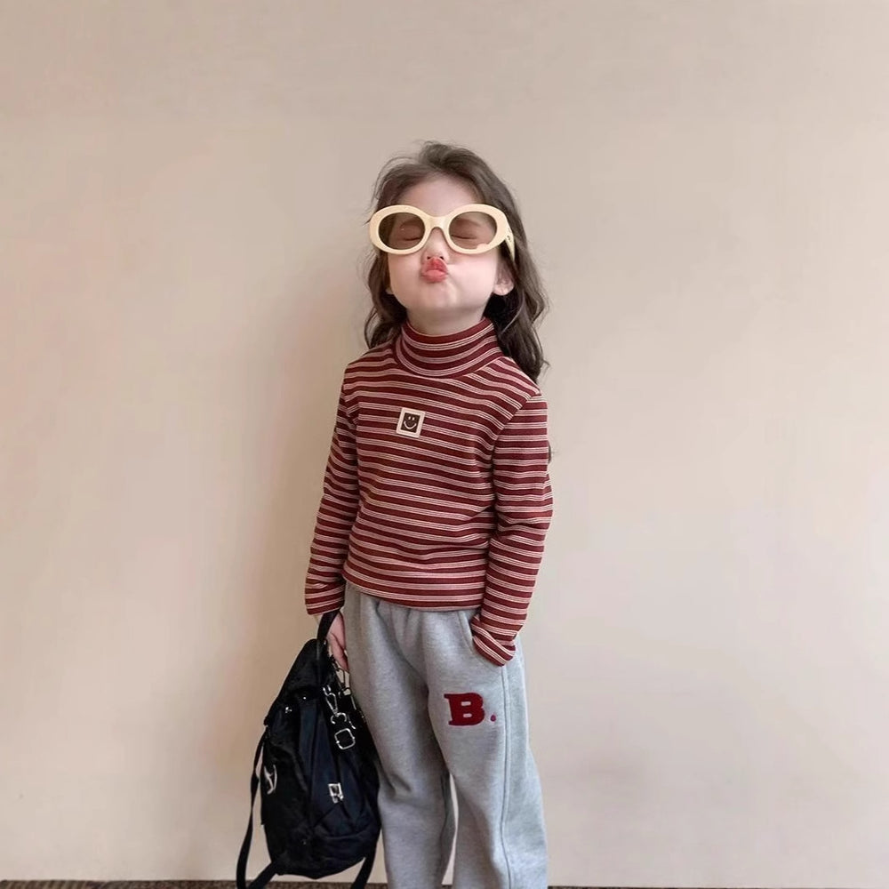 Long sleevesstripes bottom baby style middle and small children boys and girls single tops inner bottom shirt girl high collar thickened