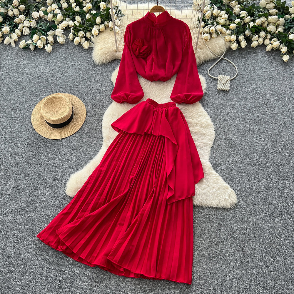 Light mature style red lantern sleeve stereo flower two-piece set women's spring waist pleated skirt classyelegantsuit