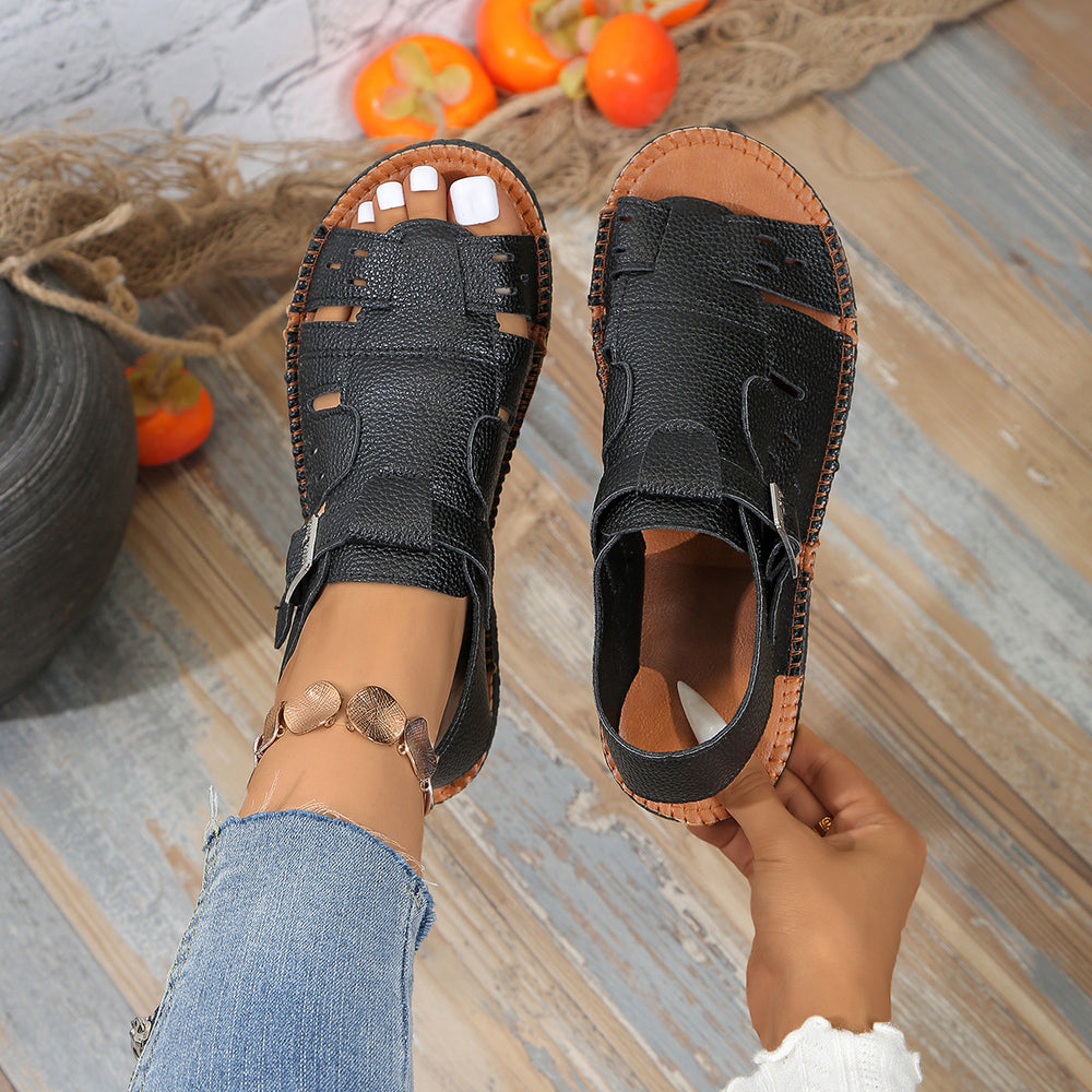 Exportplus sizenew arrival belt buckle flatscut out sandals women's retro style outwearpure color beach sandals and slippers