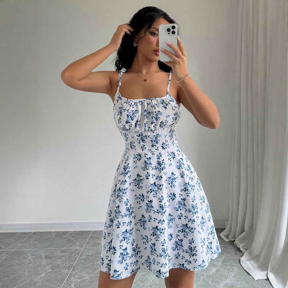 summer new arrival: cross-border european & american style floral print cami mini dress - square neck, soft & feminine