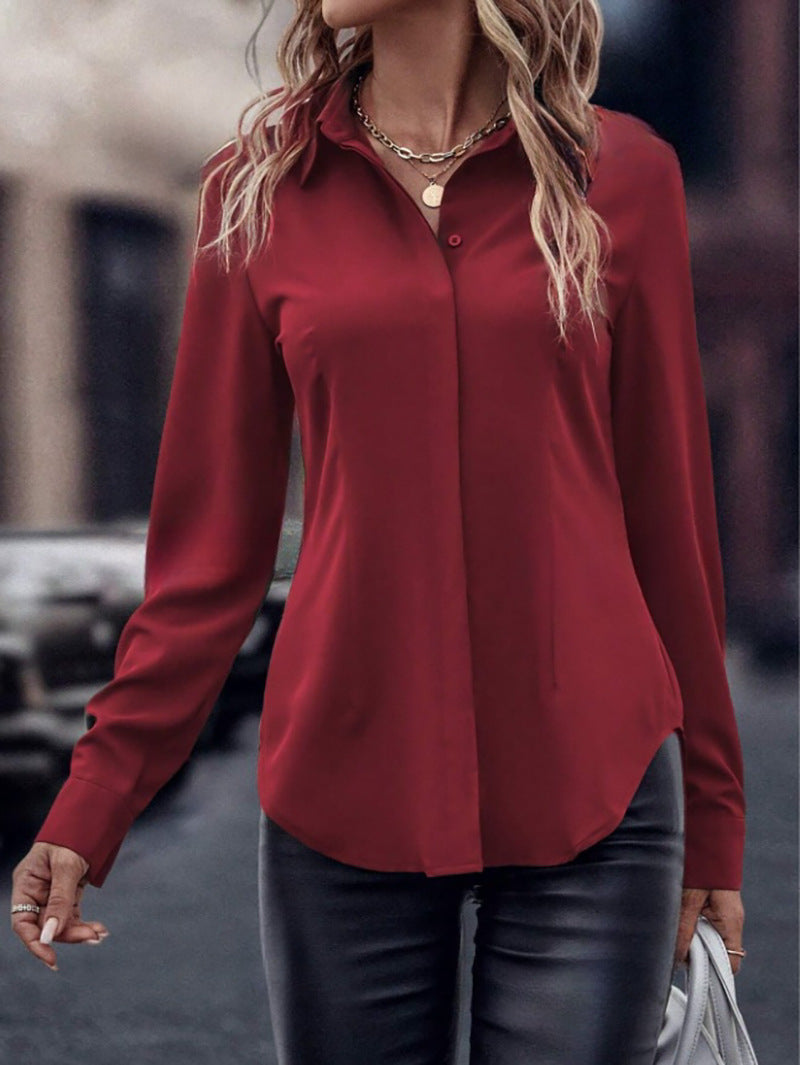 Button-down women's blouse, double-breasted satin collar long sleeve top, commuter style slim-fit cardigan, cross-border women's apparel