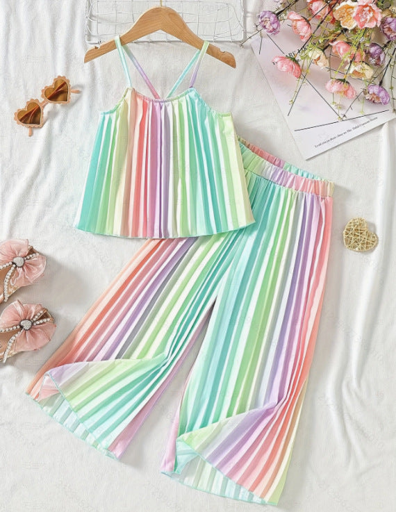 summer new arrival: sweet & fresh e-commerce style girls' two-piece set - camisole top & pleated pants