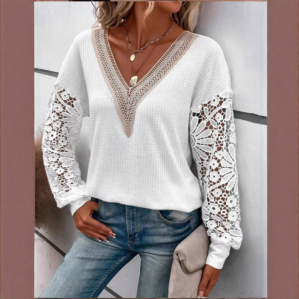 Amazon cross-border new autumn women's long-sleeved v-neck patchwork hollow-out lace see-through casual t-shirt