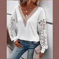 Amazon cross-border new autumn women's long-sleeved v-neck patchwork hollow-out lace see-through casual t-shirt