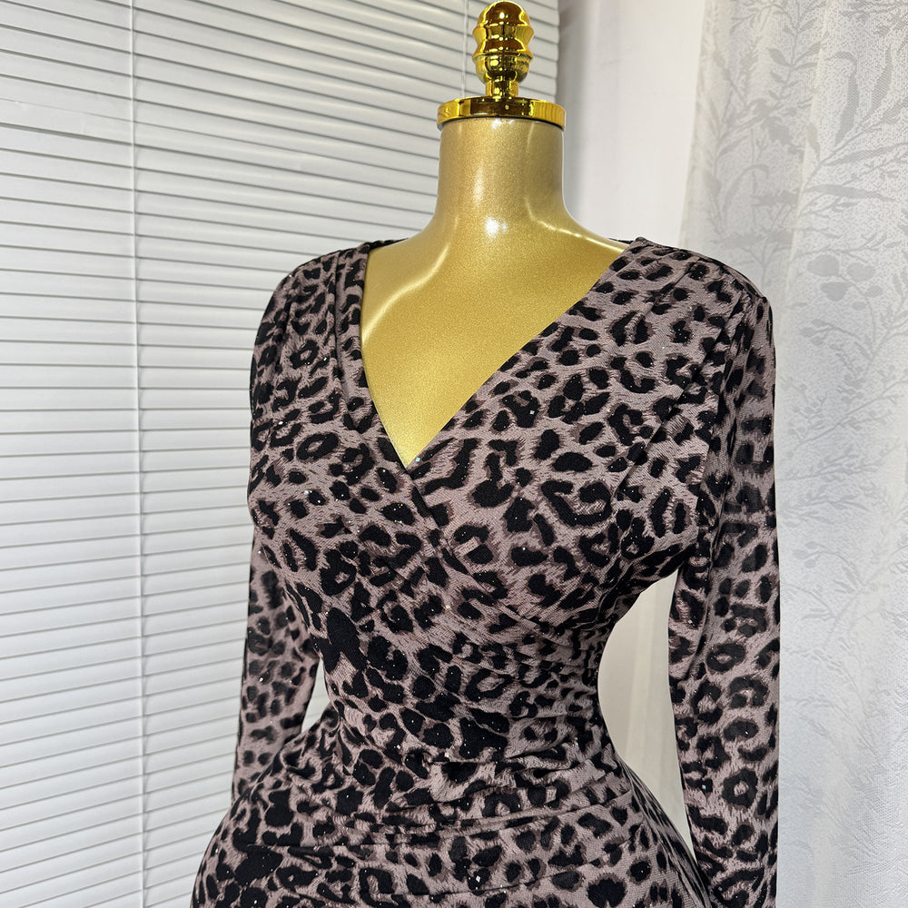 sexyelegance cross v neck leopard print printingdress rhinestone silm hip slit long skirt women's dress