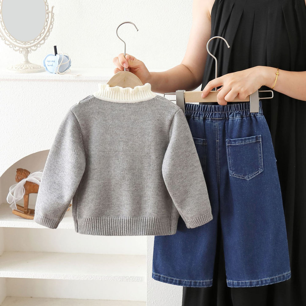 Girls' casual outfit set -  autumn/winter knitted 3d bow sweater jacket & stylish denim jeans two-piece set