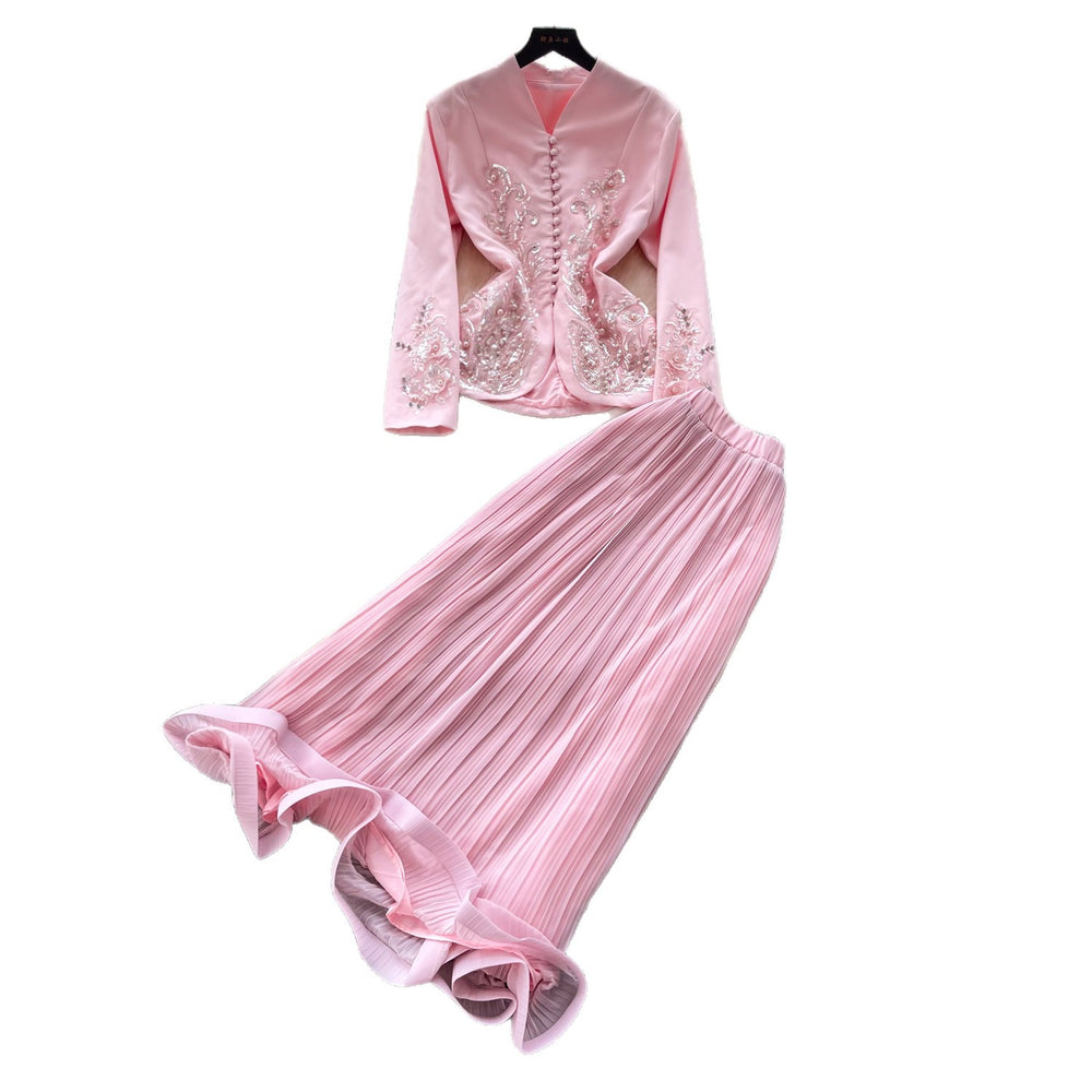 French chic v-neck embroidered jacket & high-waisted pleated skirt two-piece set - elegant & luxurious for spring/autumn