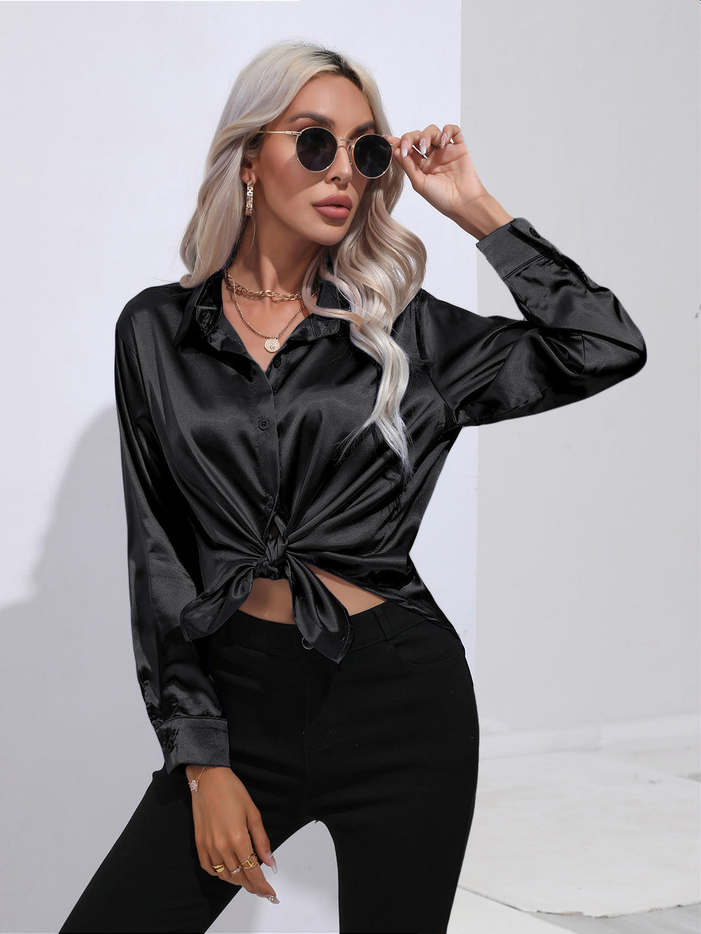 Hot-selling real shot: women's satin shirt - faux silk long sleeve blouse, new spring/summer collection, european & american cross-border women's fashion