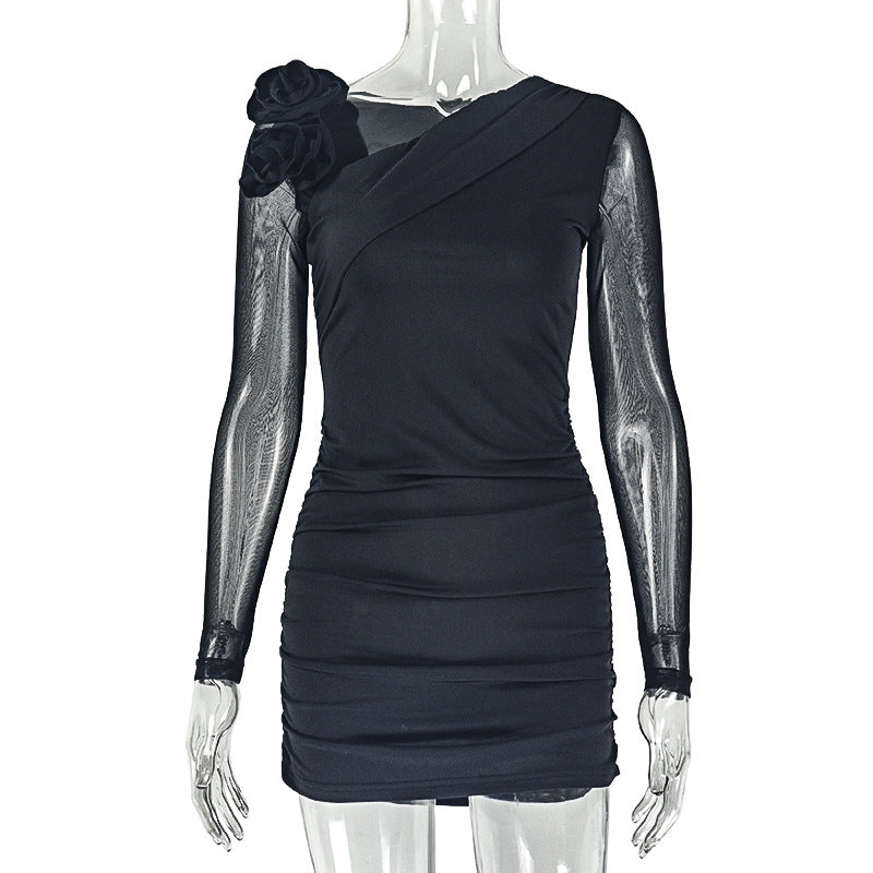 European and american style solid color slim-fit women's dress with floral design, bodycon skirt, asymmetrical slant neck, semi-sheer long sleeves