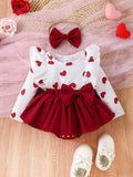fashion baby girl sweet style red heart print flutter sleeve top with bowknot tutu skirt and hair tie set