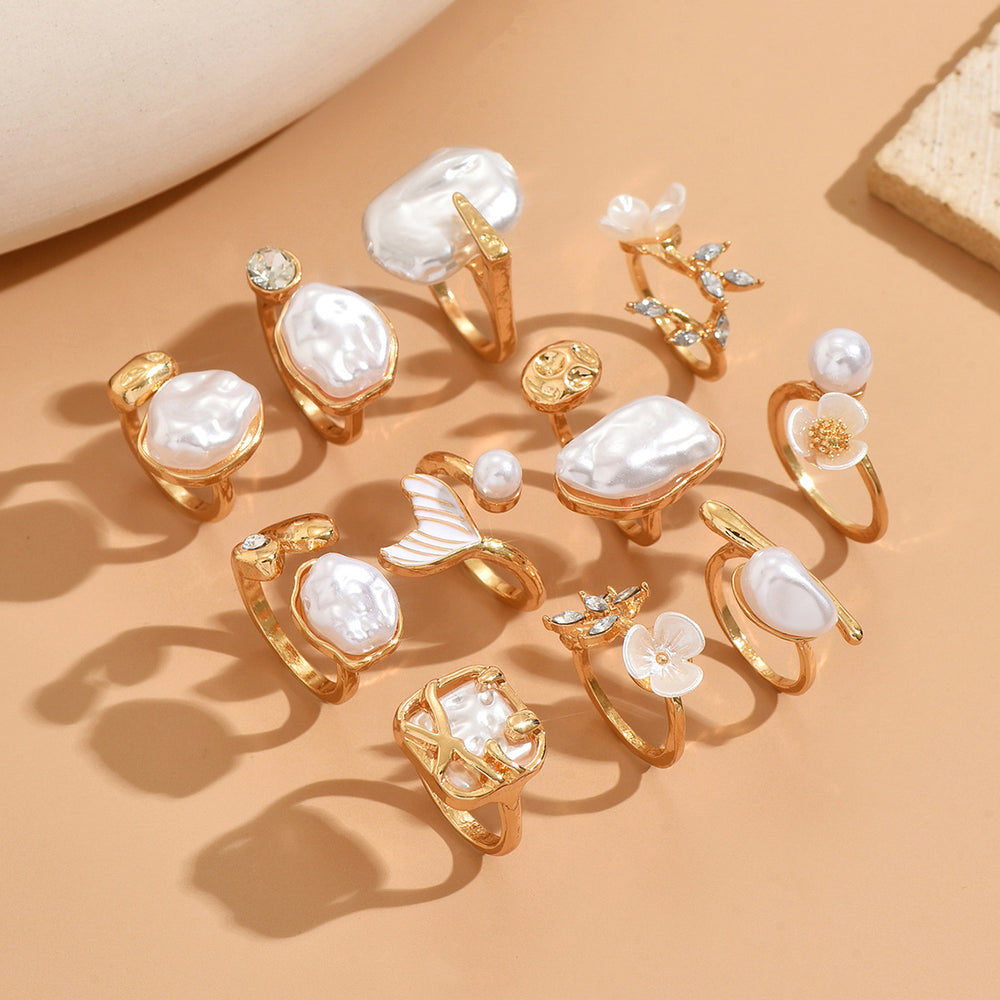 European and american cross-border baroque irregular imitation pearl ring set - vintage french style asymmetrical open knuckle jewelry