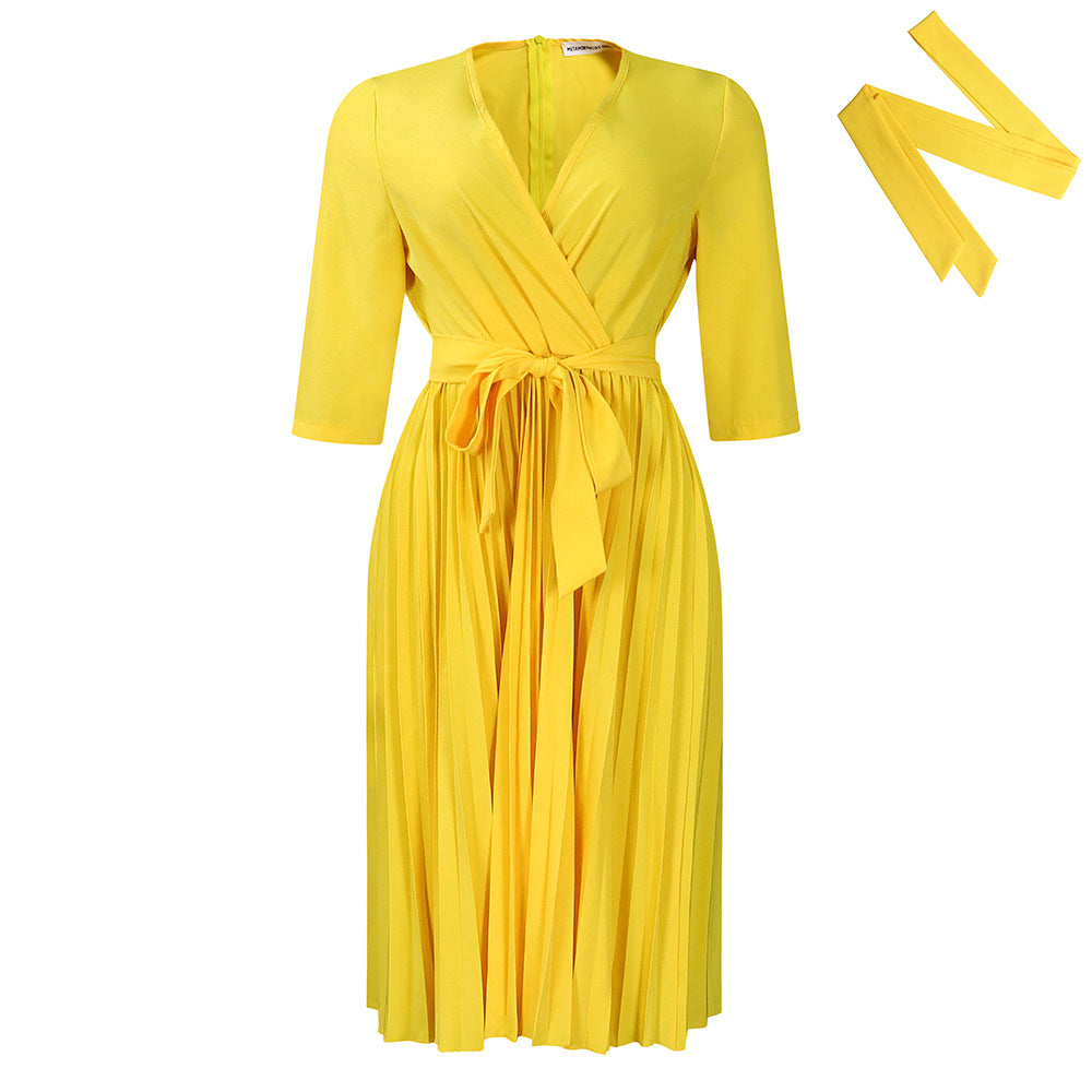 D430 women's foreign trade dress,  autumn new arrival, solid color pleated tie-up plus size v-neck elegant african style dress