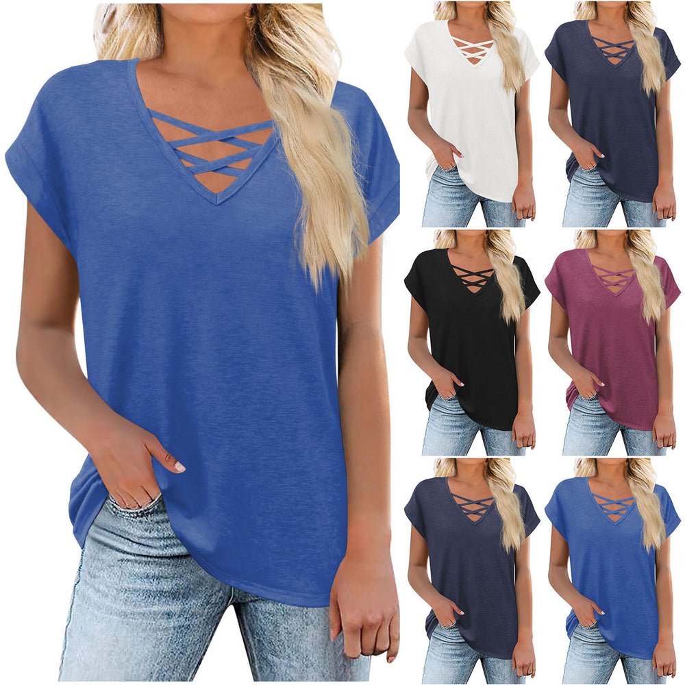 fashionexport cross-border  women's loose butterfly sleeve v-neck cross t-shirt tops short-sleeved shirt