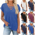 fashionexport cross-border  women's loose butterfly sleeve v-neck cross t-shirt tops short-sleeved shirt
