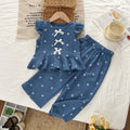 summer new girls' denim-style outfit: bowknot patchwork tank top and pants two-piece set - european & american style, cross-border fashion