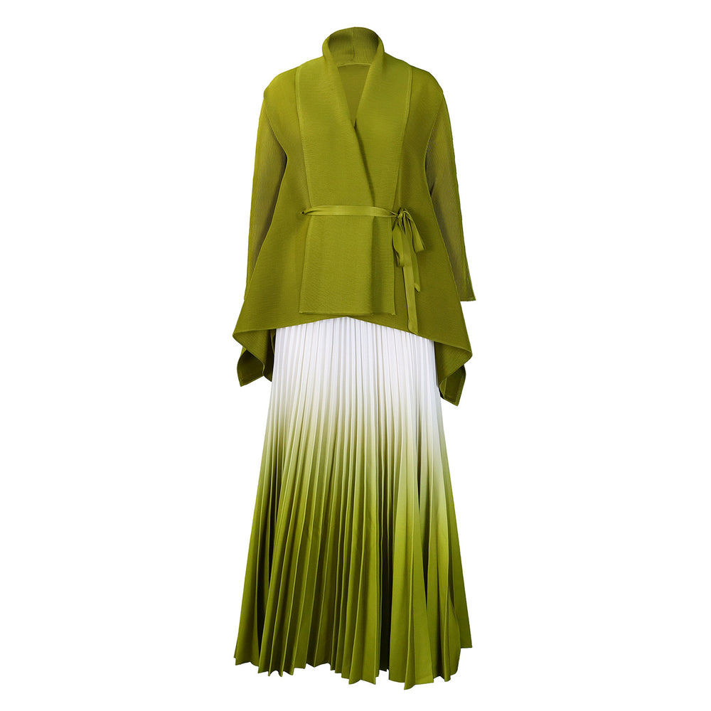Q120 new  fashion pleated minimalist solid color top and gradient flared skirt two-piece set