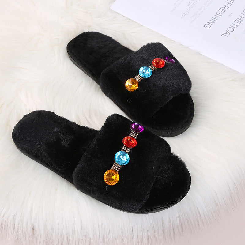 Fuzzy slippers - autumn/winter rhinestone 2024 new collection - open toe, wearable outdoors, cute and girly, cotton slippers, flat heel, comfortable slides