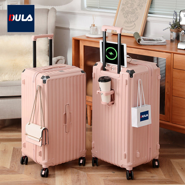 DULA five-wheel large-capacity high-value multi-functional suitcase, cup holder, suitcase, charging trolley case, password case.