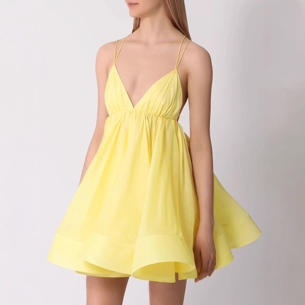cross-border summer yellow suspender dress women's v neckbackless strap a-line skirt puffy skirt holiday style