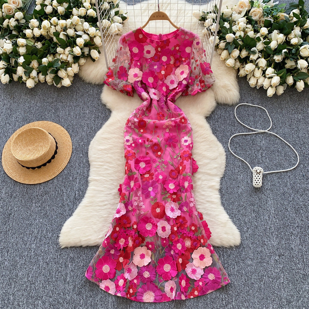 French high-end elegant heavy embroidery floral round neck lantern sleeve cinched waist slimming mermaid tail evening gown dress